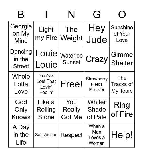 1960's Music Hits Bingo Card