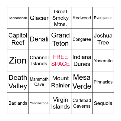 NATIONAL PARKS Bingo Card