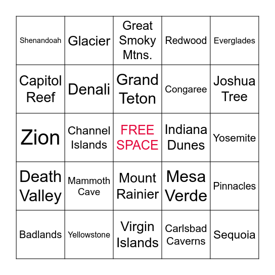NATIONAL PARKS Bingo Card