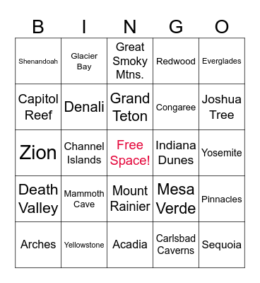 National Parks Bingo Card