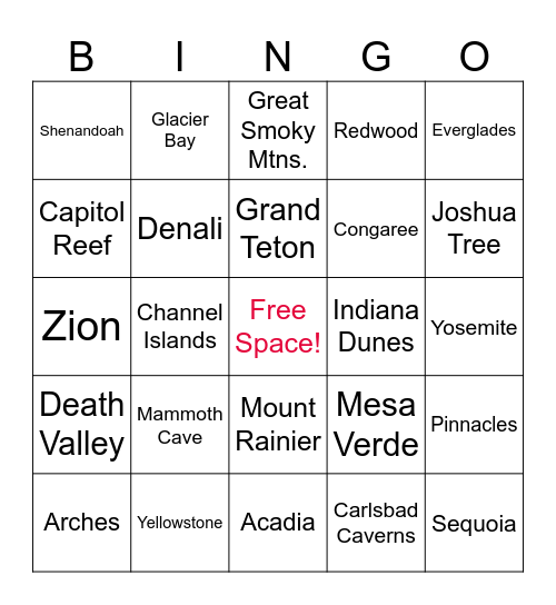 National Parks Bingo Card