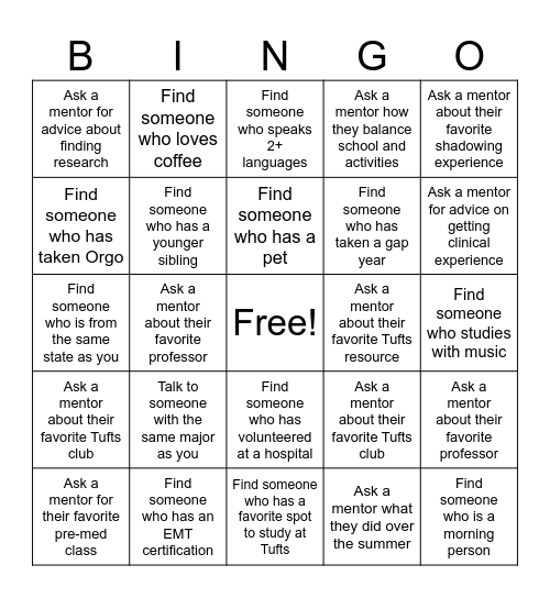 PRE-MED SPEED DATING Bingo Card