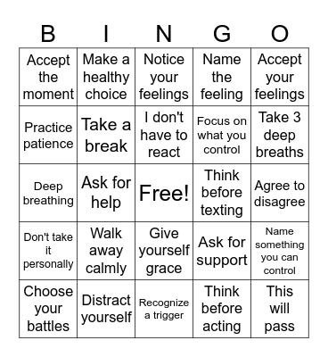 Distress Tolerance Bingo Card
