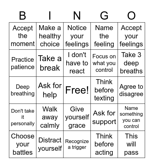 Distress Tolerance Bingo Card