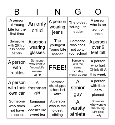 Young Life Bingo Card