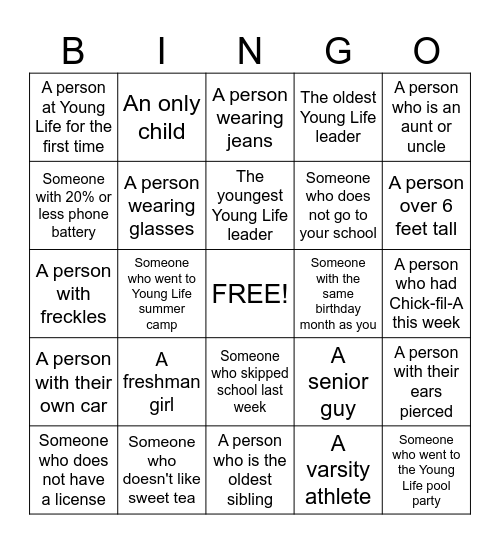 Young Life Bingo Card