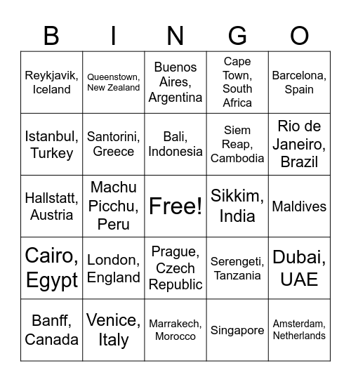 Top Places to visit Bingo Card