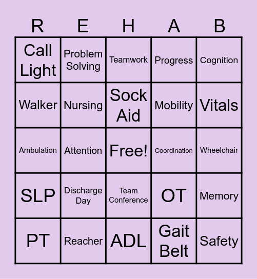 Rehab Week BINGO Card
