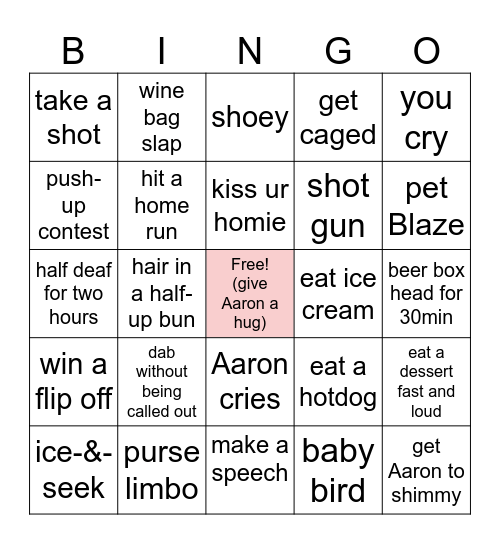 Aaron's Going Away Bingo Card
