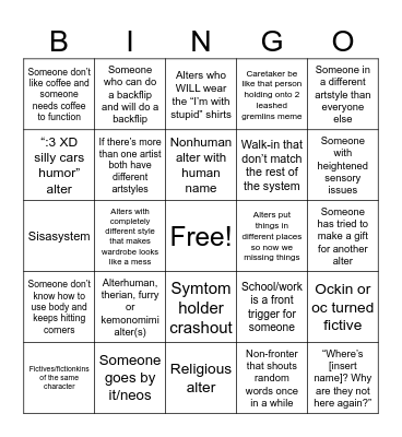 Another system/plural bingo :p Bingo Card
