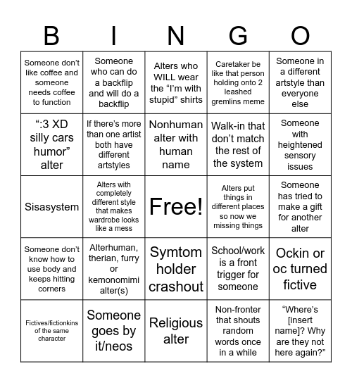 Another system/plural bingo :p Bingo Card