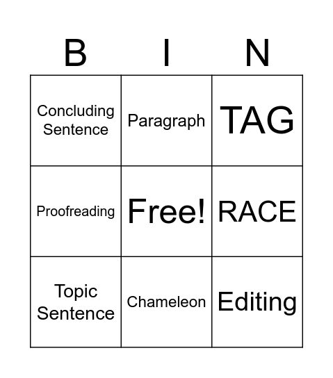 Mrs. O's Writing Terms Bingo Card