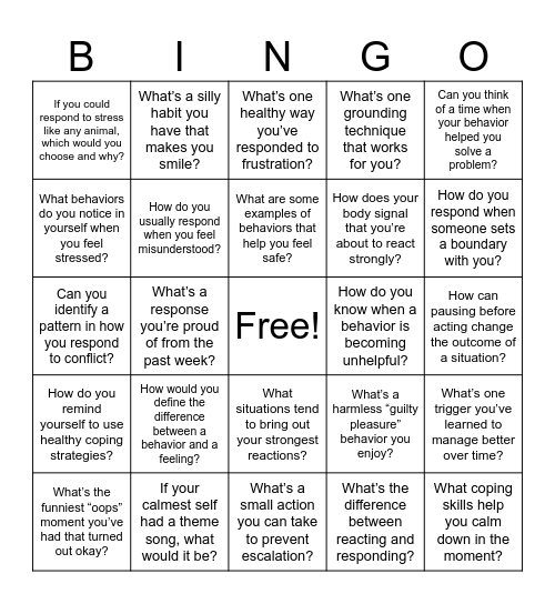 Behaviors and Responses Bingo Card