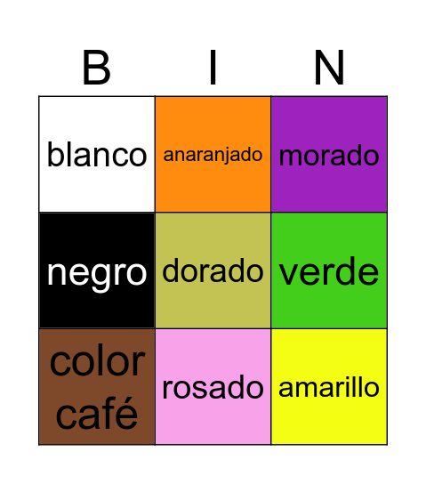 Los colores Bingo Card