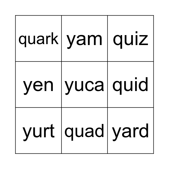 woorden met Y en Q Bingo Card