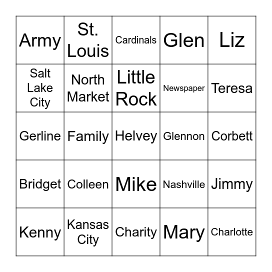 Family Reunion Bingo Card