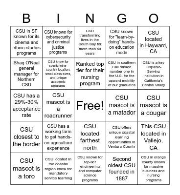 CSU College Fair 2026 Bingo Card
