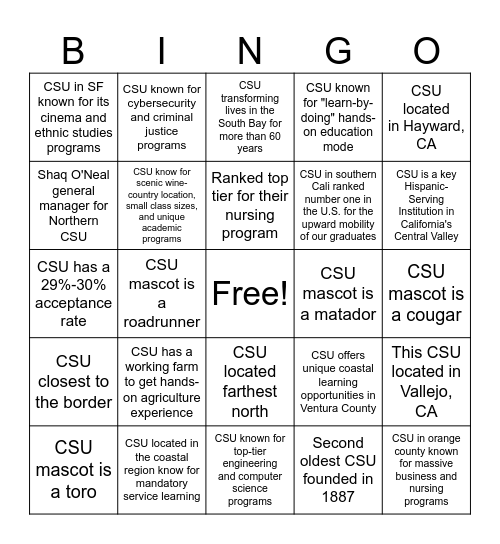 CSU College Fair 2026 Bingo Card
