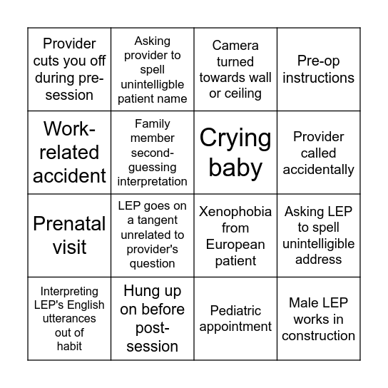 VRI/OPI interpretation bingo Card