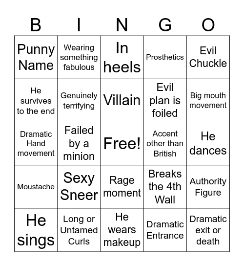 Tim Curry Movie Bingo Card