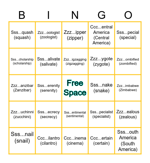 /S/, /Z/, & /S/ Blends Bingo Card
