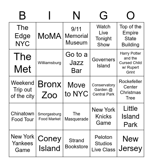 Kristine & Kevin's NYC Bingo Card