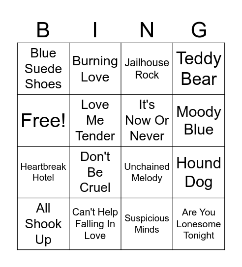 Elvis Bingo Card