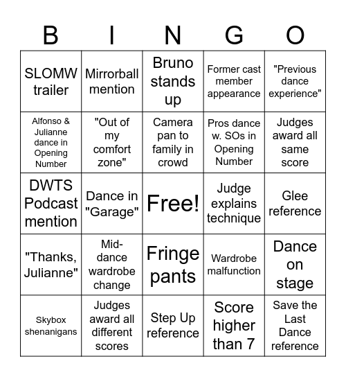 Dancing with the Stars Bingo Card