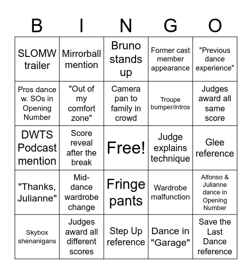 Dancing with the Stars Bingo Card