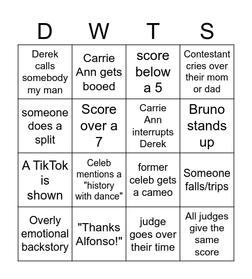 Dancing with the Stars Bingo Card