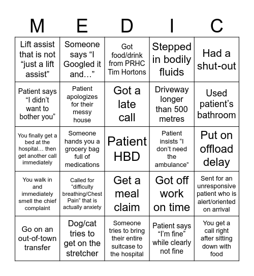 Paramedic Bingo Card