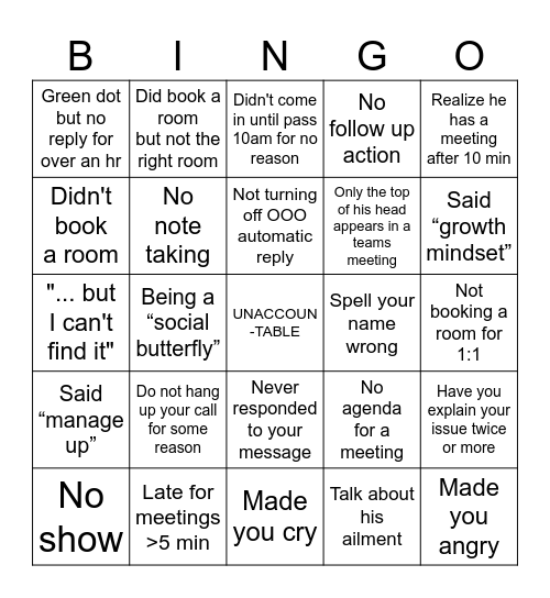 Manager bingo Card