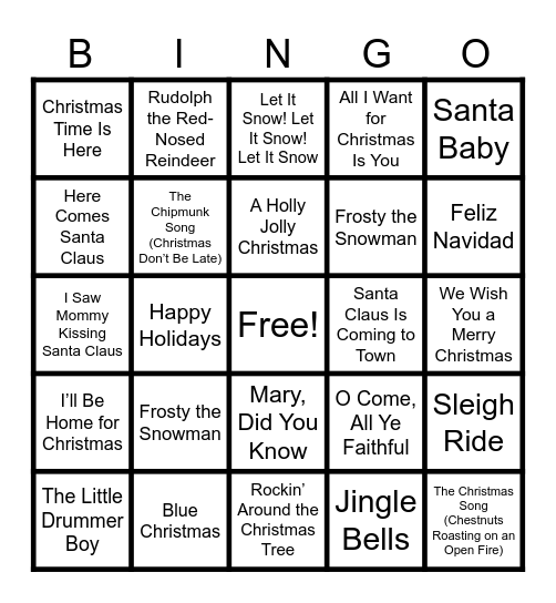 Christmas Songs Bingo Card