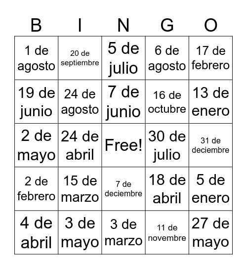 birthdays en espanol bingo Card