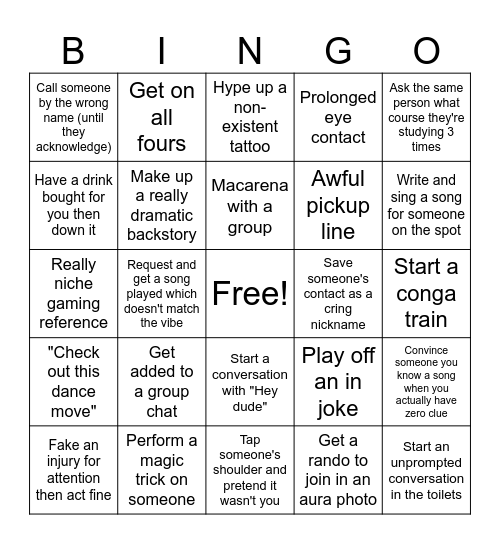 The challenge Bingo Card
