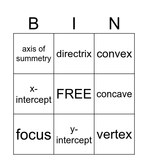 Quadratics Bingo Card