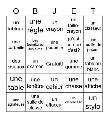 French Classroom Objets Bingo Card