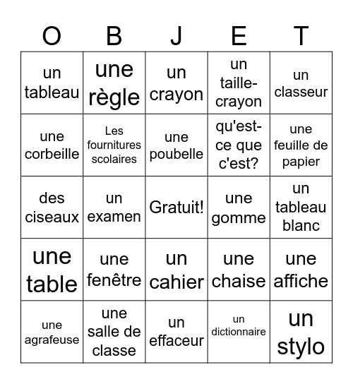 French Classroom Objets Bingo Card