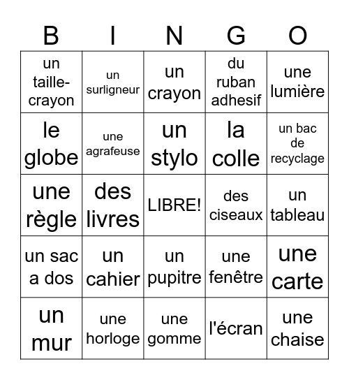 Classroom Objects in French Bingo Card