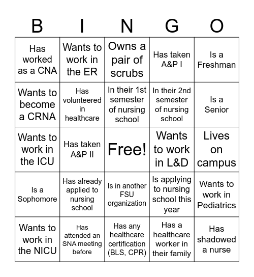 SNA Bingo! Bingo Card