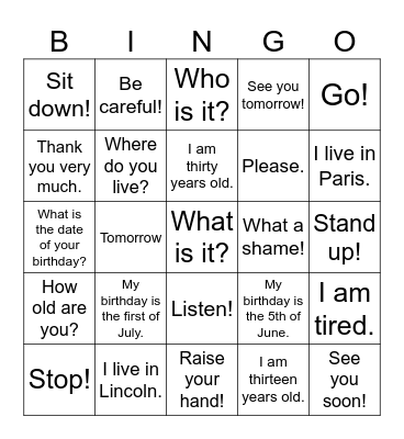 Bingo - Phrases 15/9/26 Bingo Card