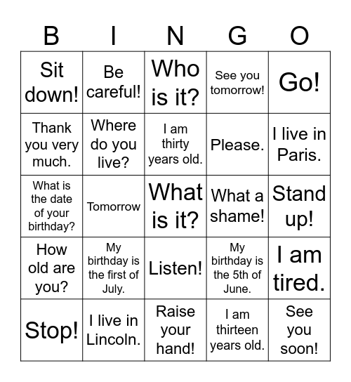 Bingo - Phrases 15/9/26 Bingo Card