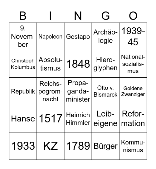Grundwissen Geschichte 2 Bingo Card