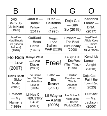 HipHop 90s to now Bingo Card