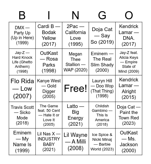 HipHop 90s to now Bingo Card
