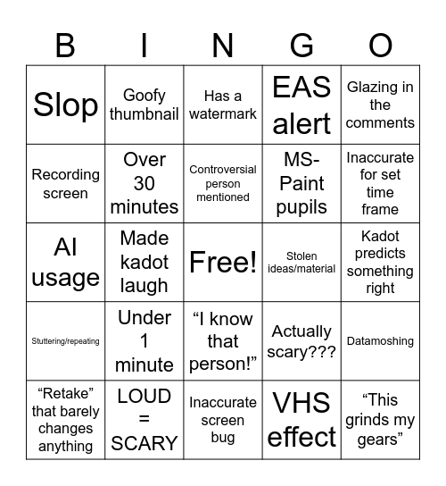 Videopasta Reaction Bingo Card