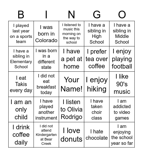 CHOIR BINGO! Bingo Card