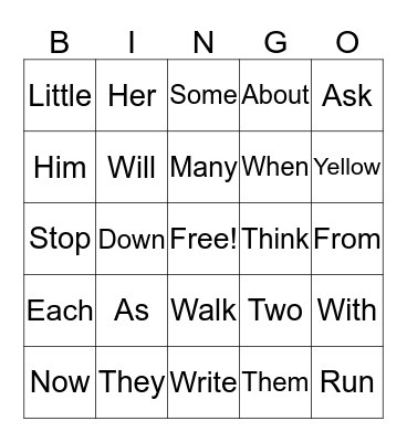 Sight Words Bingo Card