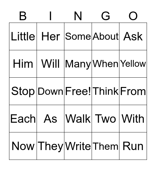 Sight Words Bingo Card
