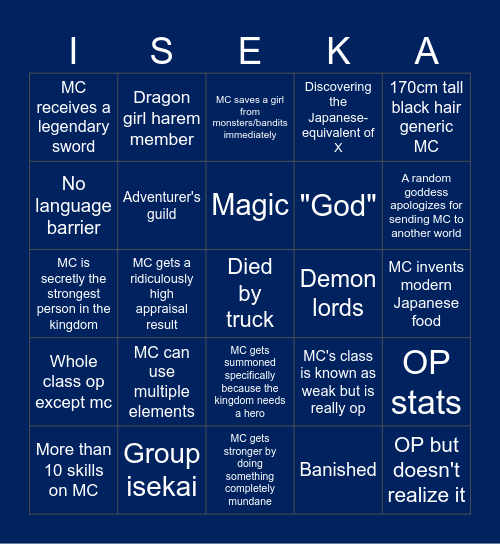 Isekai slop Bingo Card